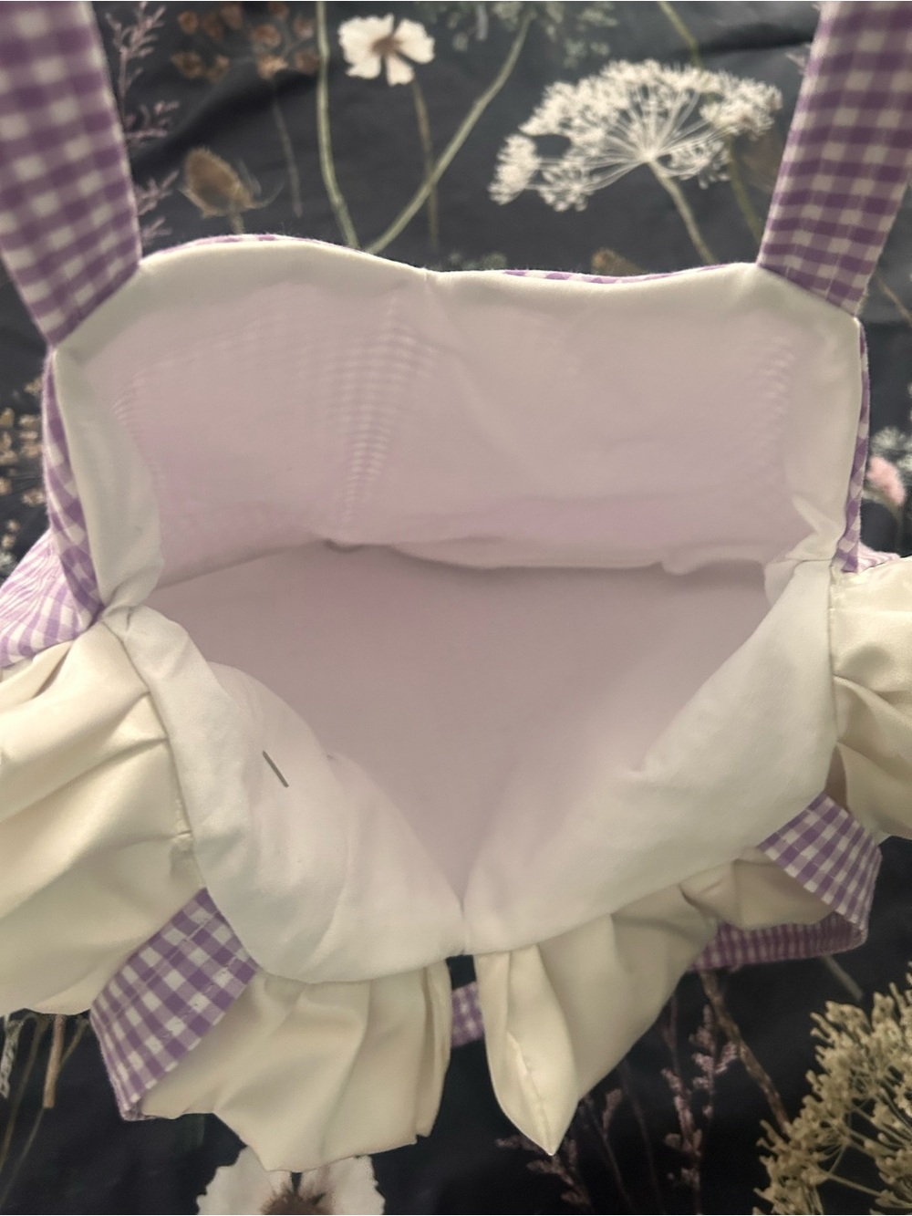 Handmade Lavender Gingham Heart Tote with Satin Cream Ruffle - Picture 5 of 6